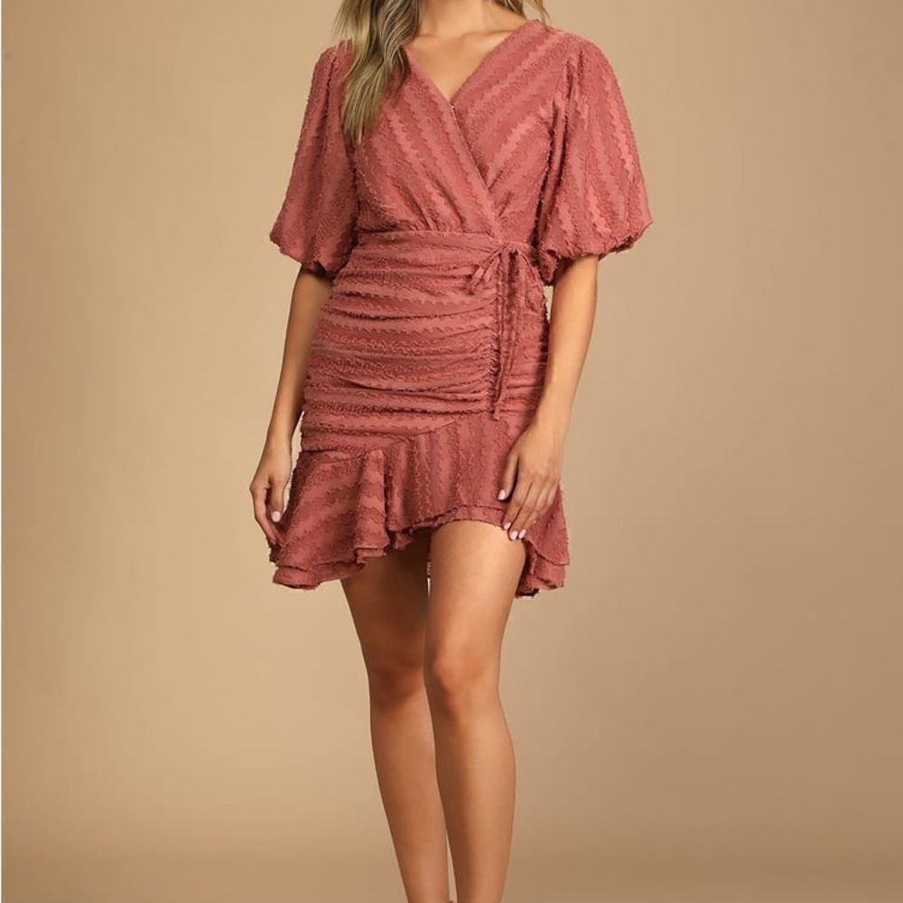 Lulu’s Cherish This Moment Rusty Rose Ruched Asymmetrical Mini Dress XS NWT
